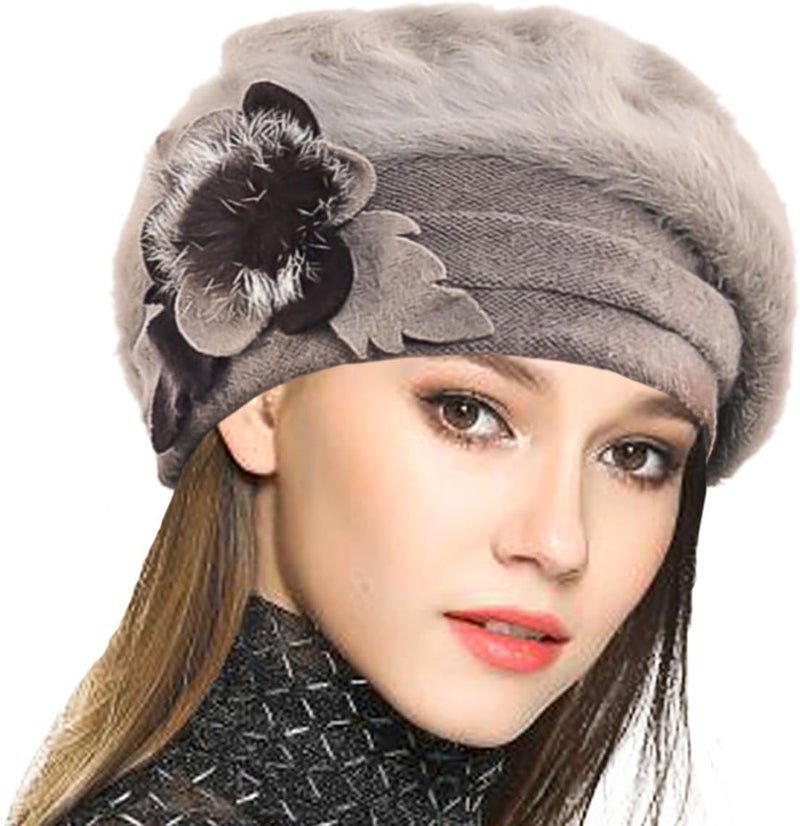 VECRY Lady French Beret 100% Wool Beret Floral Dress Beanie Winter Hat - Image 1